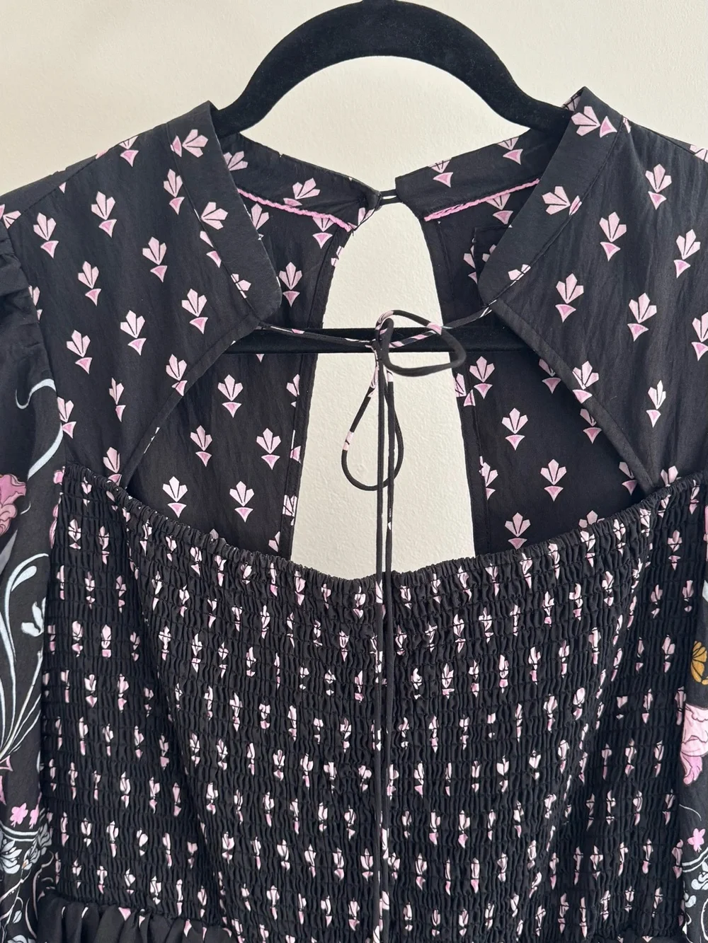 Anthropologie Black Floral Smocked Midi Dress with Pink & Blue Accents - Picture 3 of 5